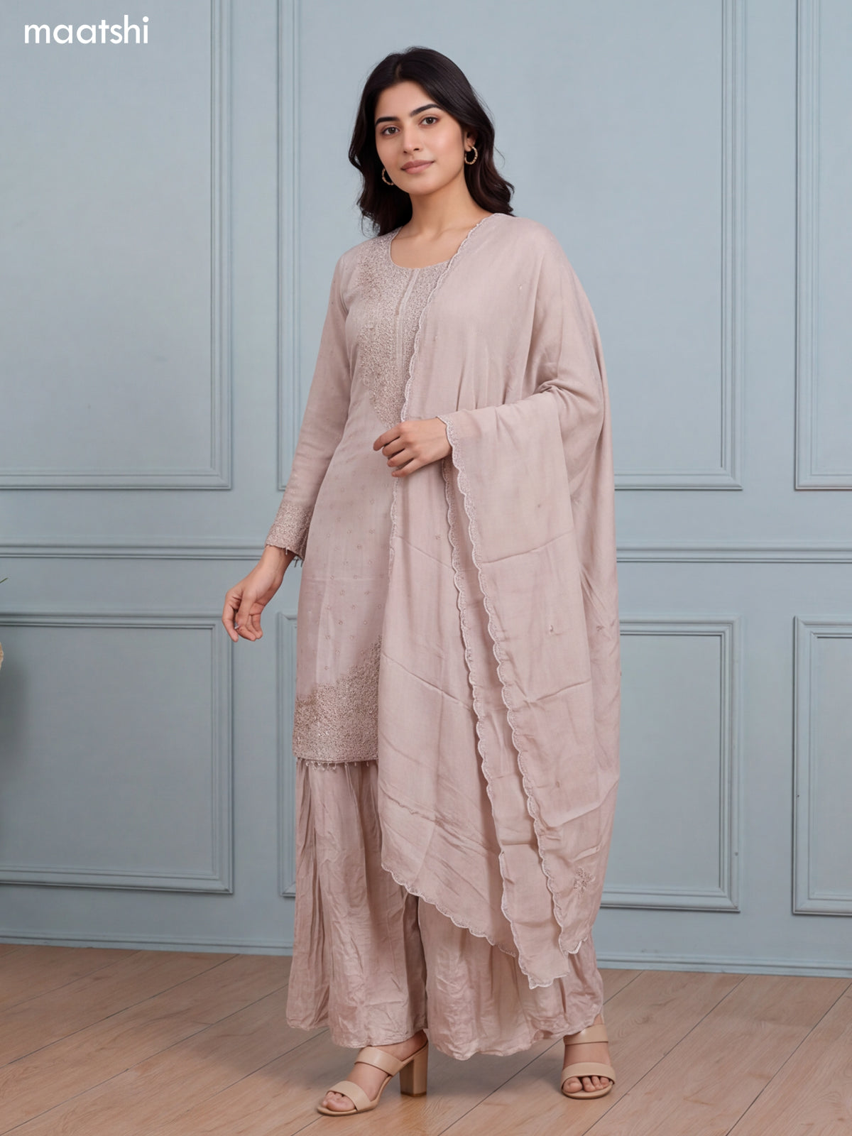 Biege Silk Elegant Heavy Embroidery Work Straight Suit