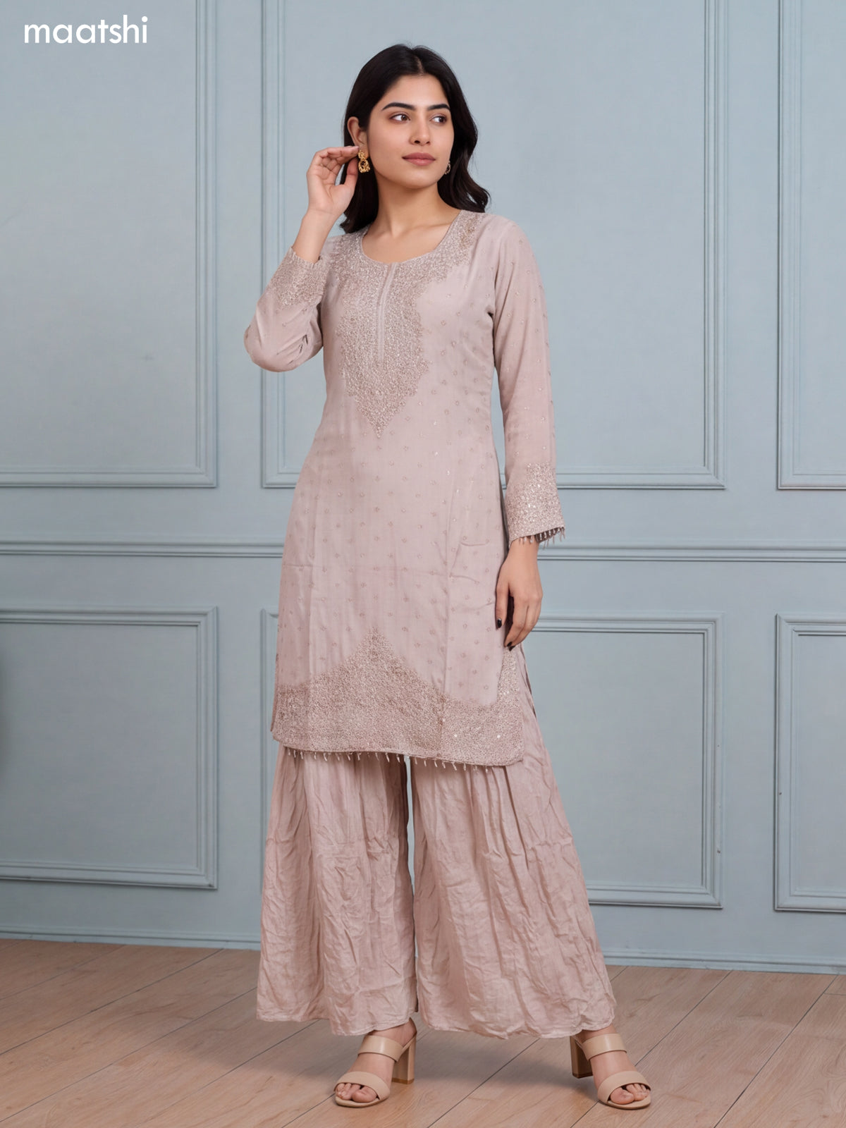 Biege Silk Elegant Heavy Embroidery Work Straight Suit