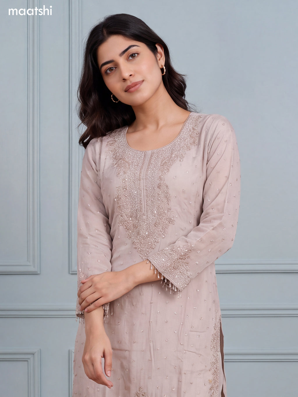 Biege Silk Elegant Heavy Embroidery Work Straight Suit