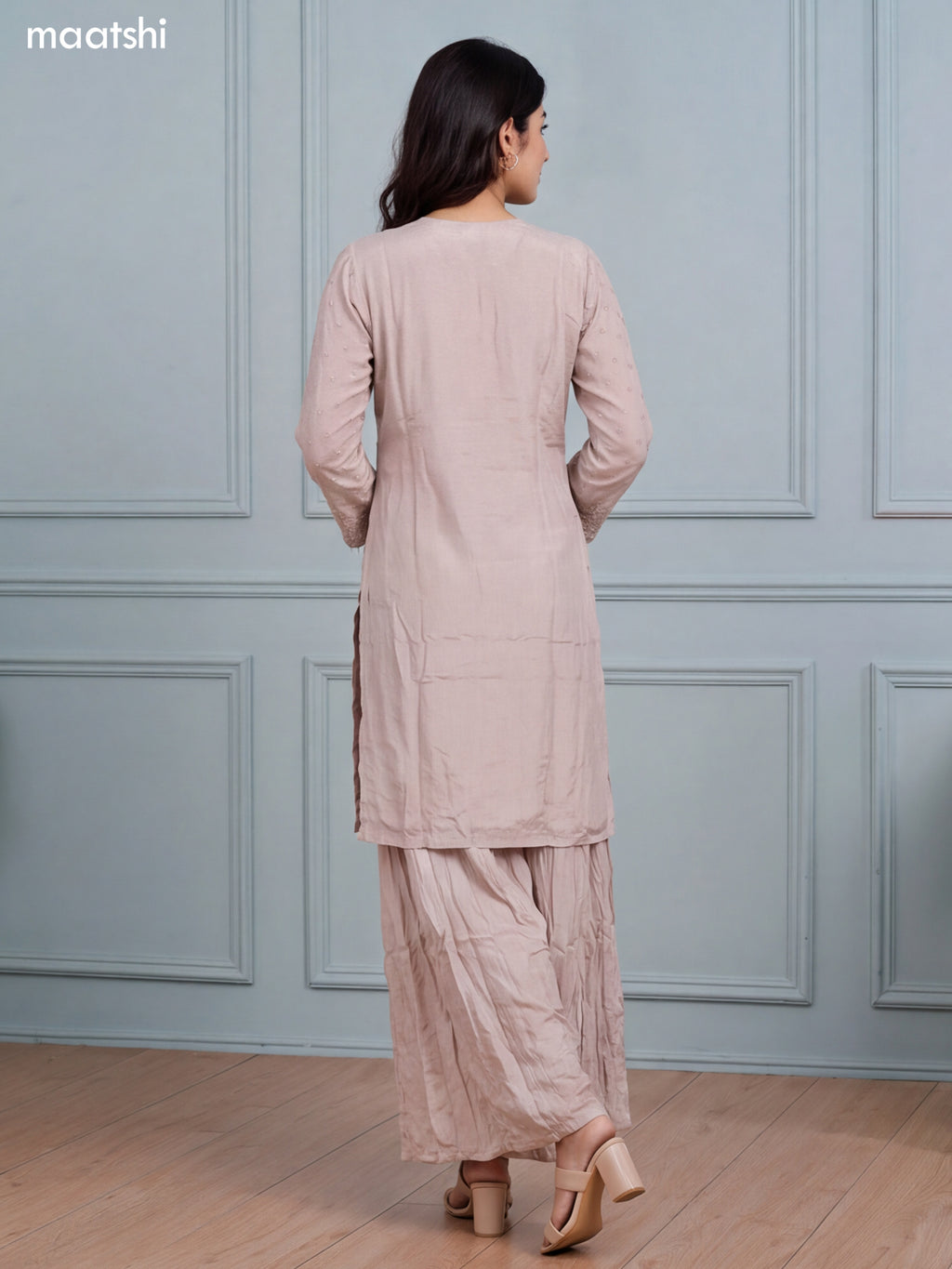 Biege Silk Elegant Heavy Embroidery Work Straight Suit