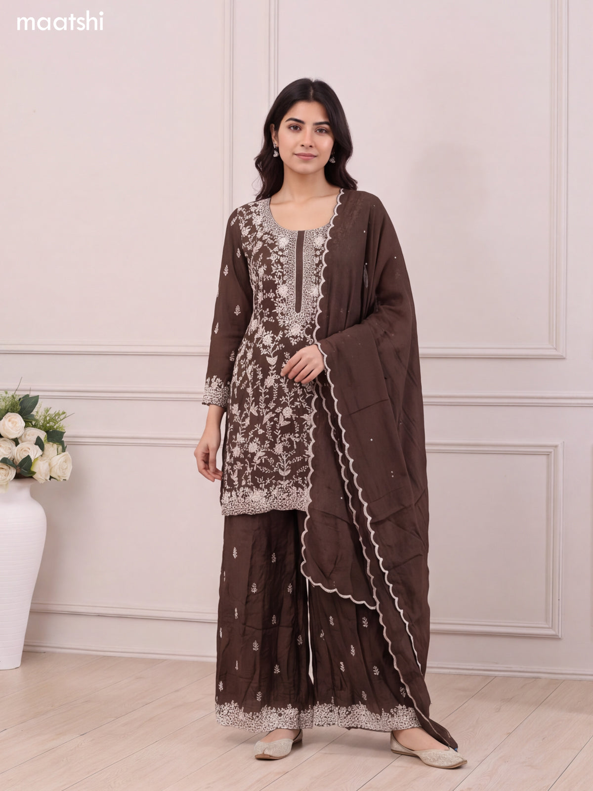 Coffee Brown Silk Elegant Heavy Embroidery Work Short Straight Suit
