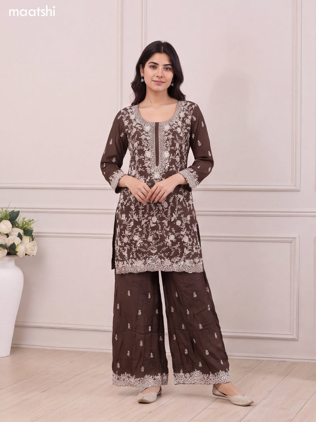 Coffee Brown Silk Elegant Heavy Embroidery Work Short Straight Suit