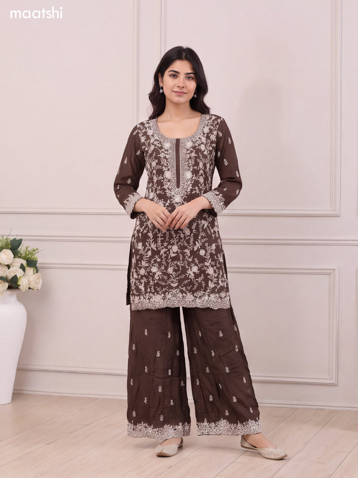 Coffee Brown Silk Elegant Heavy Embroidery Work Short Straight Suit