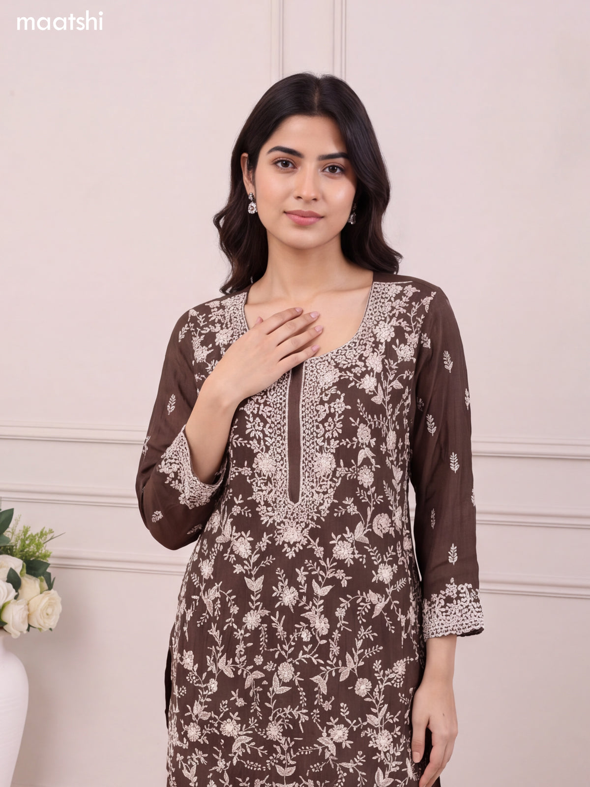 Coffee Brown Silk Elegant Heavy Embroidery Work Short Straight Suit