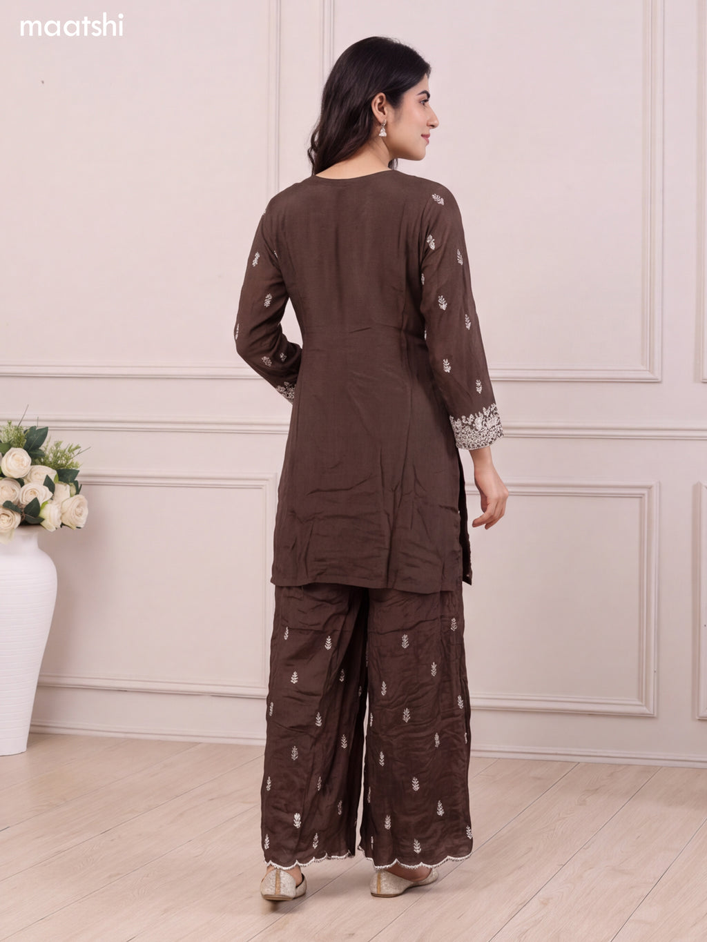 Coffee Brown Silk Elegant Heavy Embroidery Work Short Straight Suit