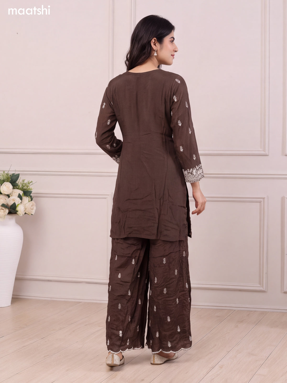 Coffee Brown Silk Elegant Heavy Embroidery Work Short Straight Suit