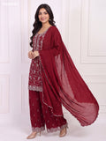 Maroon Silk Elegant Heavy Embroidery Work Short Straight Suit