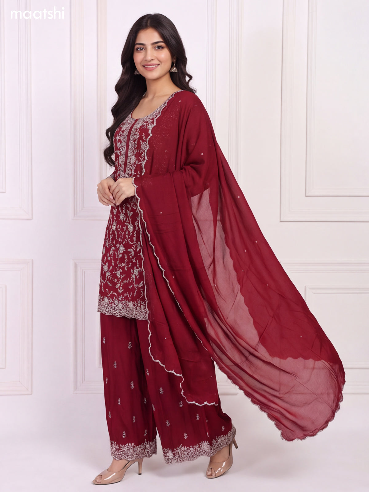 Maroon Silk Elegant Heavy Embroidery Work Short Straight Suit