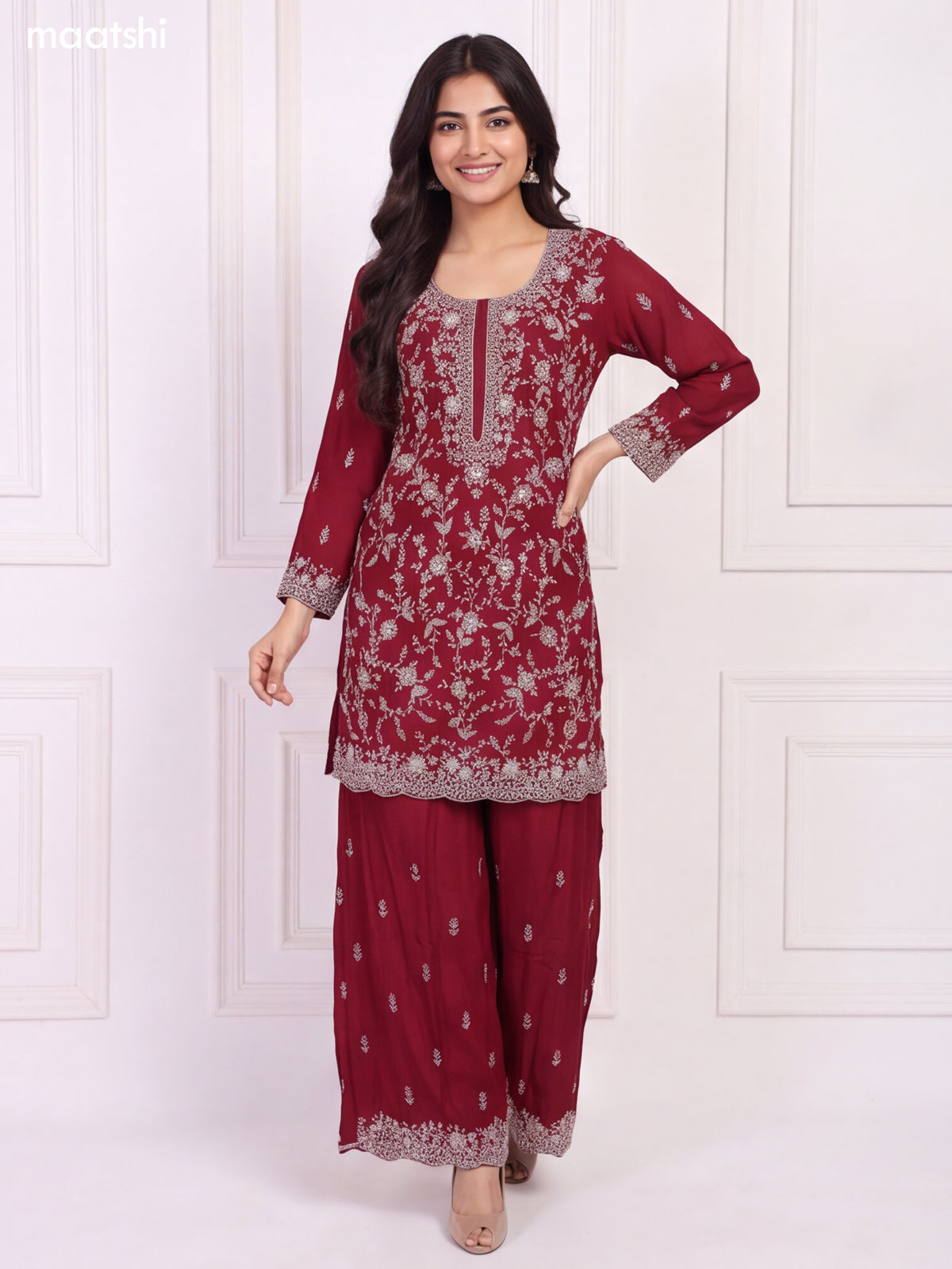 Maroon Silk Elegant Heavy Embroidery Work Short Straight Suit