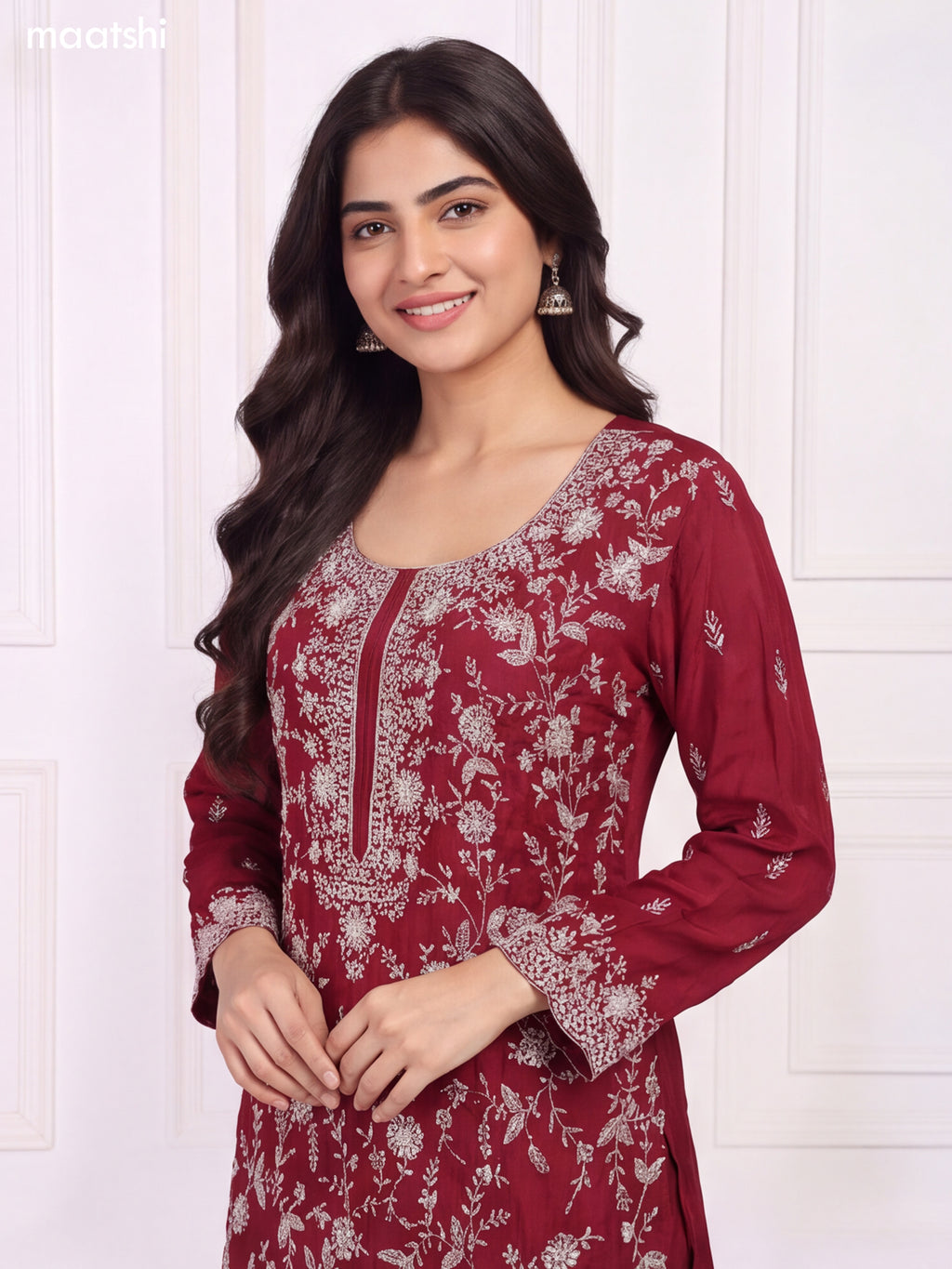 Maroon Silk Elegant Heavy Embroidery Work Short Straight Suit