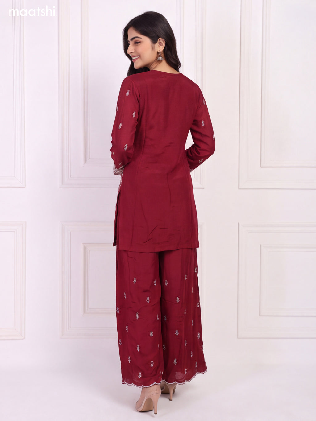 Maroon Silk Elegant Heavy Embroidery Work Short Straight Suit