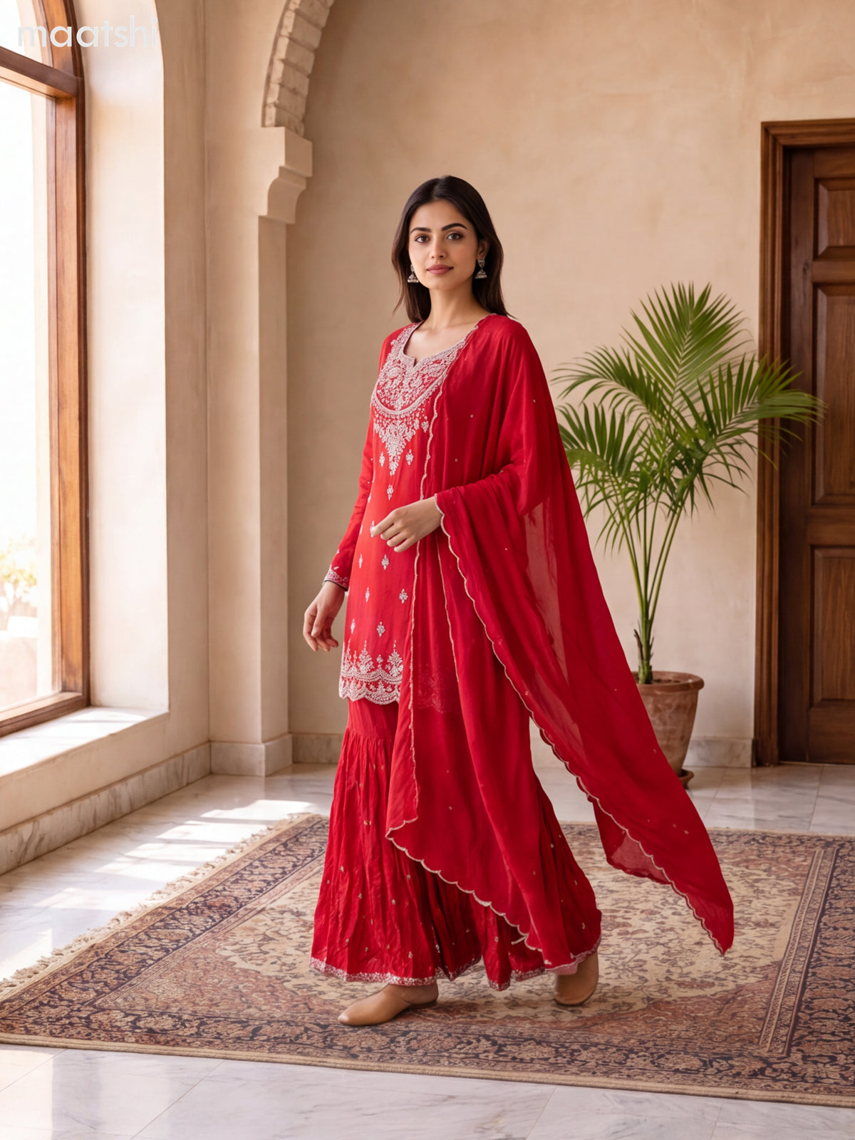 Red Art Silk Heavy Embroidery Work Short Straight Suit