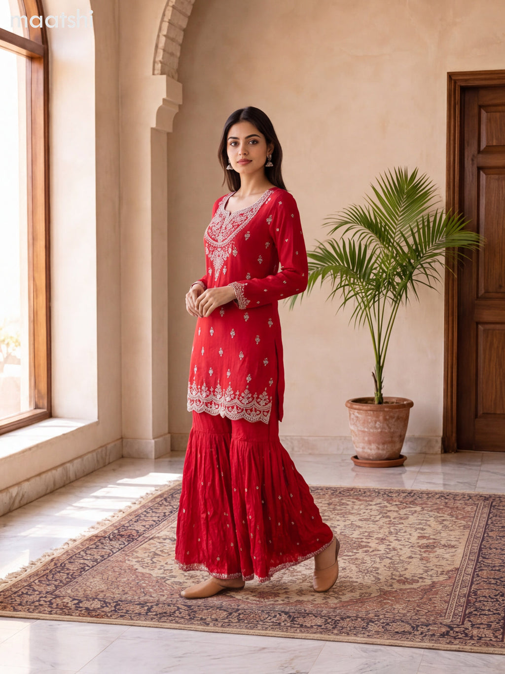 Red Art Silk Heavy Embroidery Work Short Straight Suit