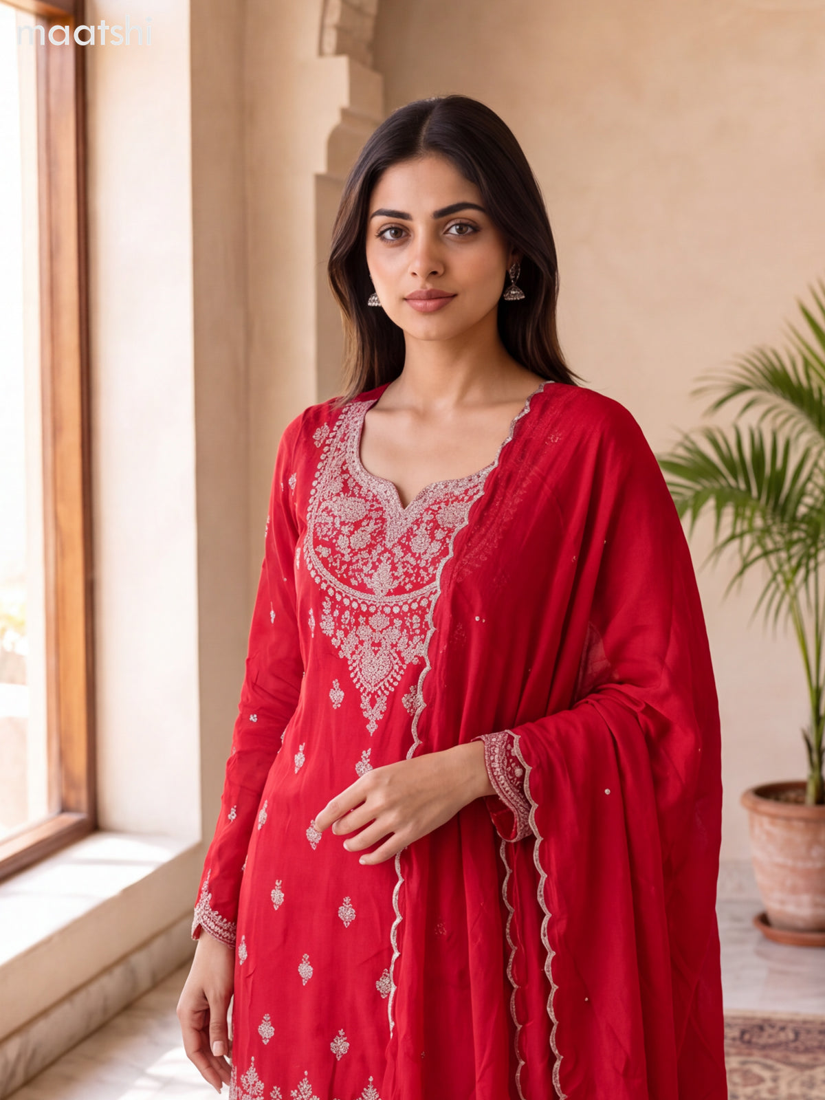 Red Art Silk Heavy Embroidery Work Short Straight Suit