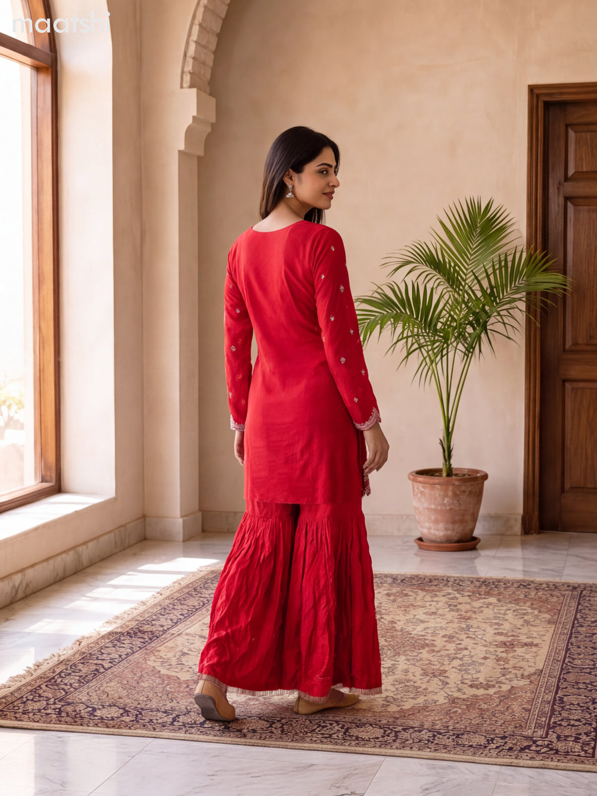 Red Art Silk Heavy Embroidery Work Short Straight Suit