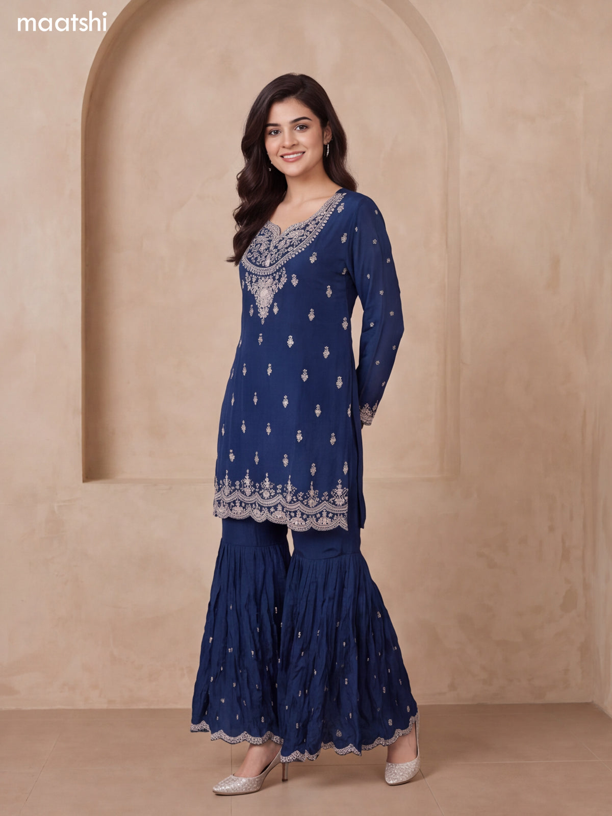 Peacock Blue Silk Heavy Embroidery Work Short Straight Suit