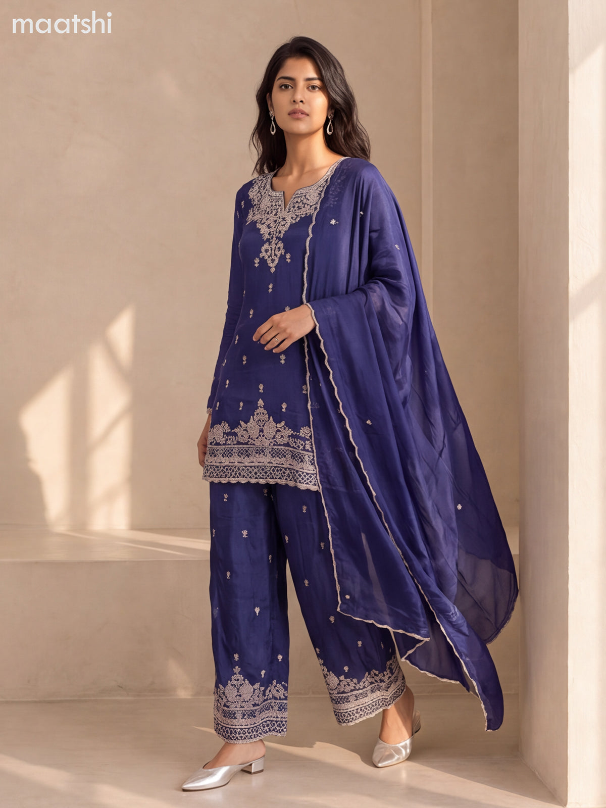 Navy Blue Art Silk Heavy Embroidery Work Short Straight Suit