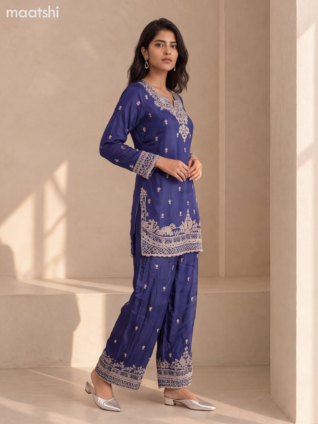 Navy Blue Art Silk Heavy Embroidery Work Short Straight Suit
