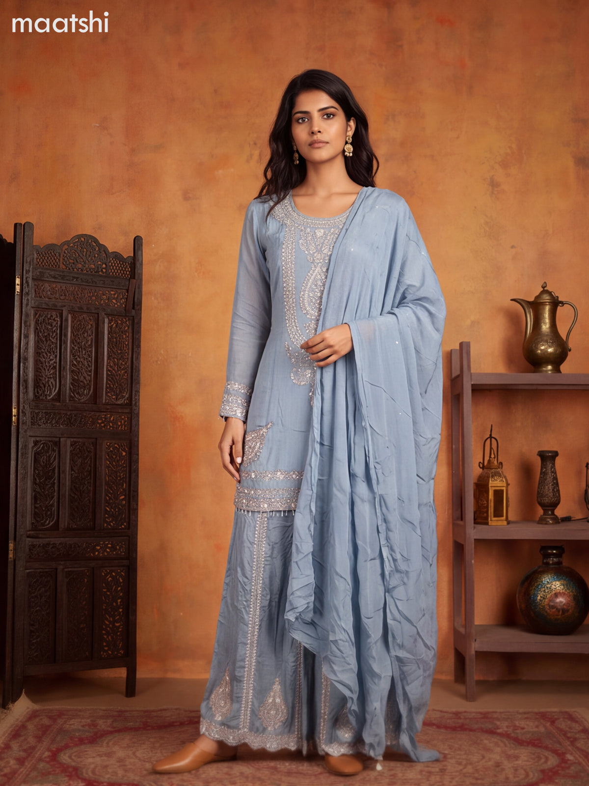 Greyish Blue Art Silk Heavy Embroidery Work Short Straight Suit