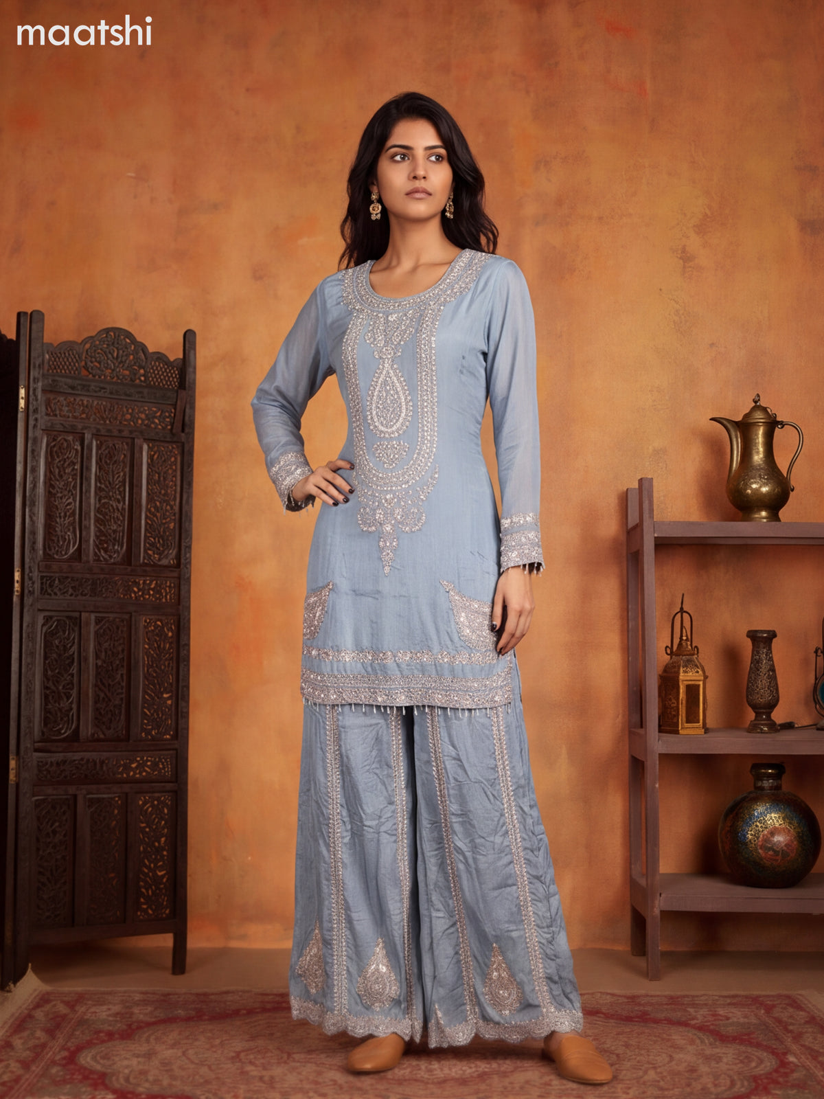 Greyish Blue Art Silk Heavy Embroidery Work Short Straight Suit