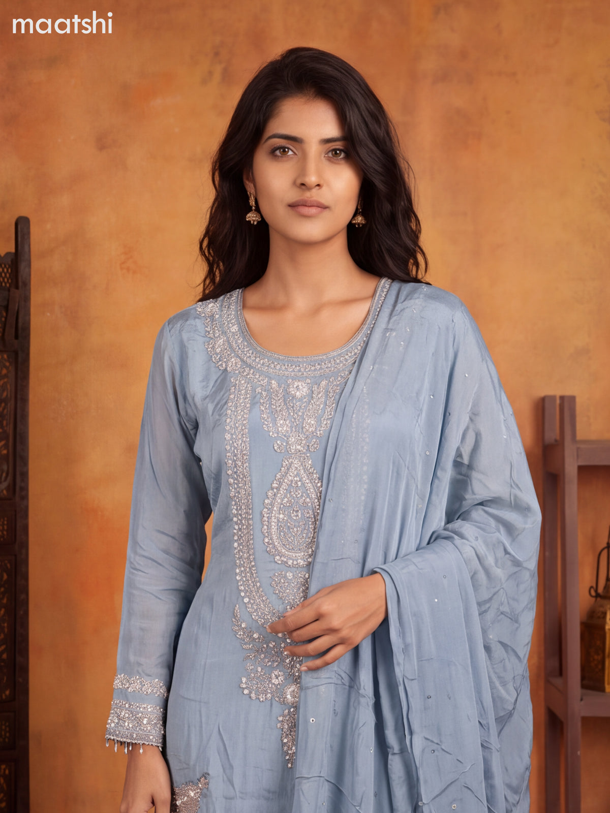 Greyish Blue Art Silk Heavy Embroidery Work Short Straight Suit