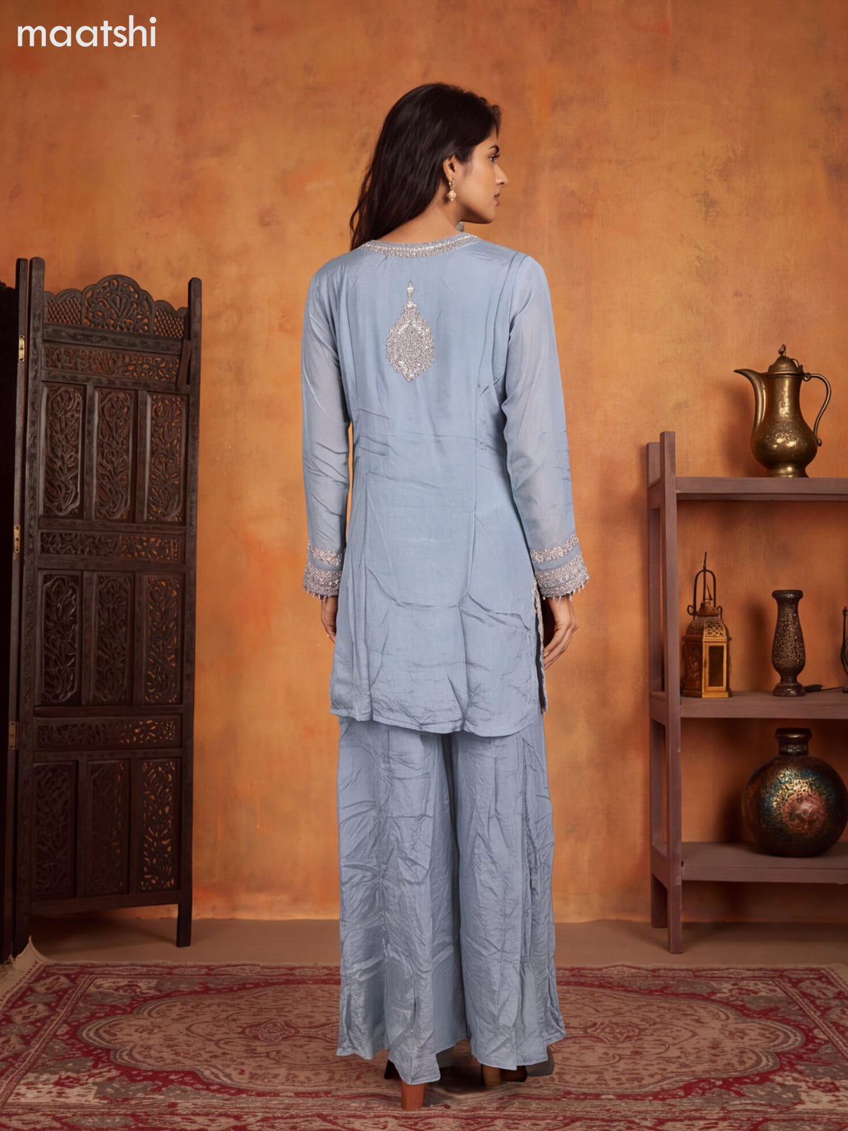Greyish Blue Art Silk Heavy Embroidery Work Short Straight Suit