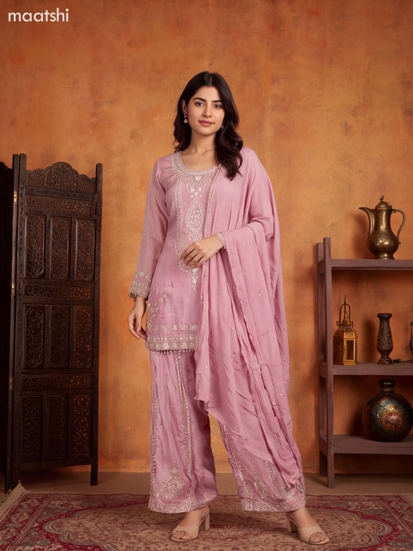 Pastel Pink Silk Heavy Embroidery Work Short Straight Suit