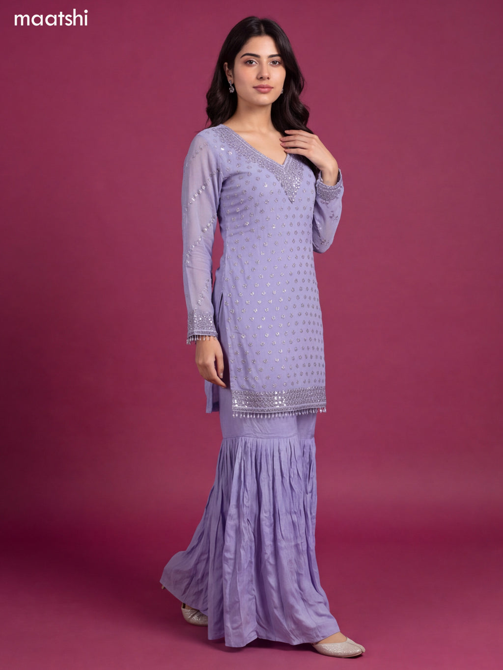 Lavender Tissue Mirror & Beaded Embroidery Work Short Straight Suit