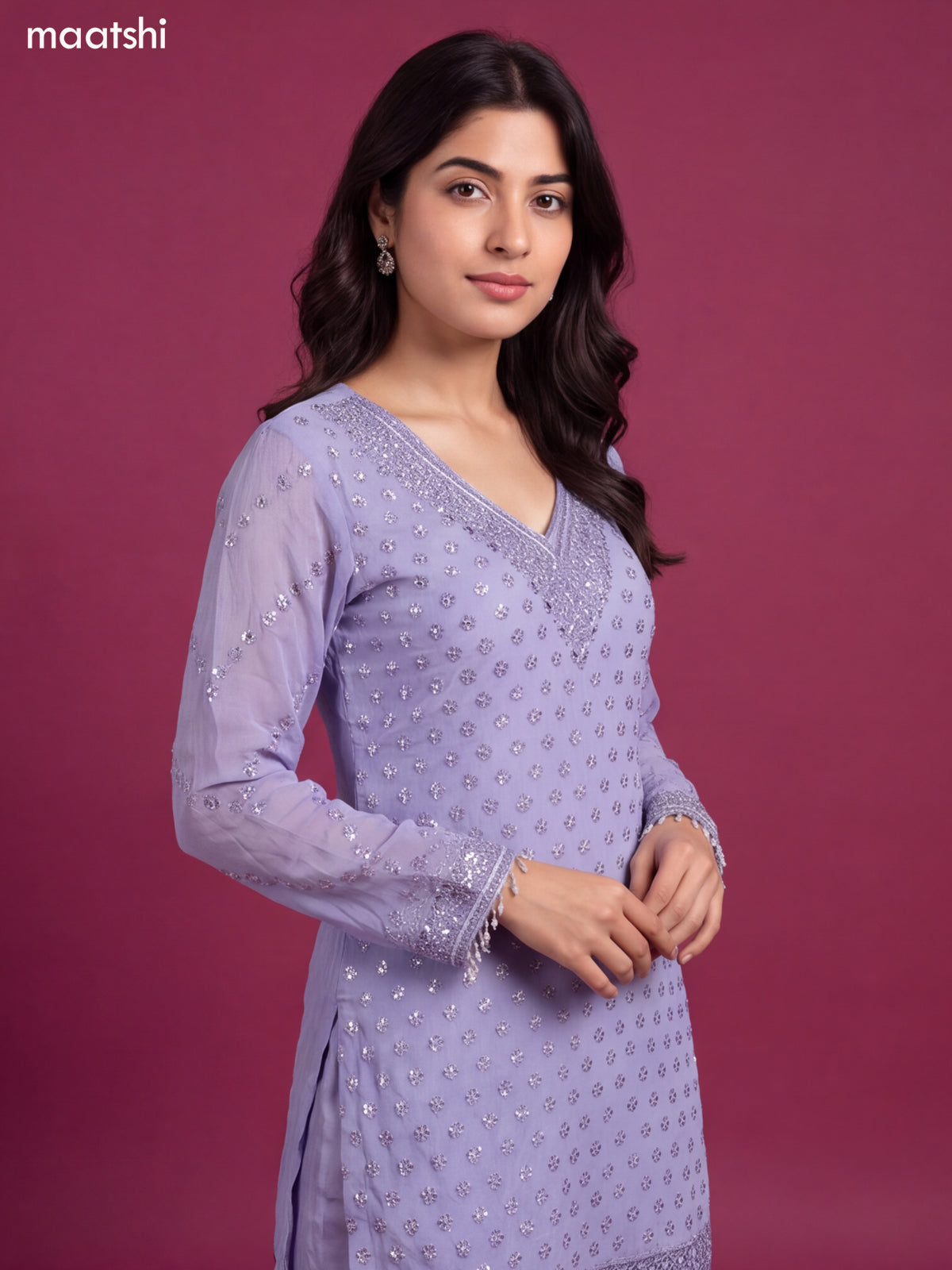 Lavender Tissue Mirror & Beaded Embroidery Work Short Straight Suit