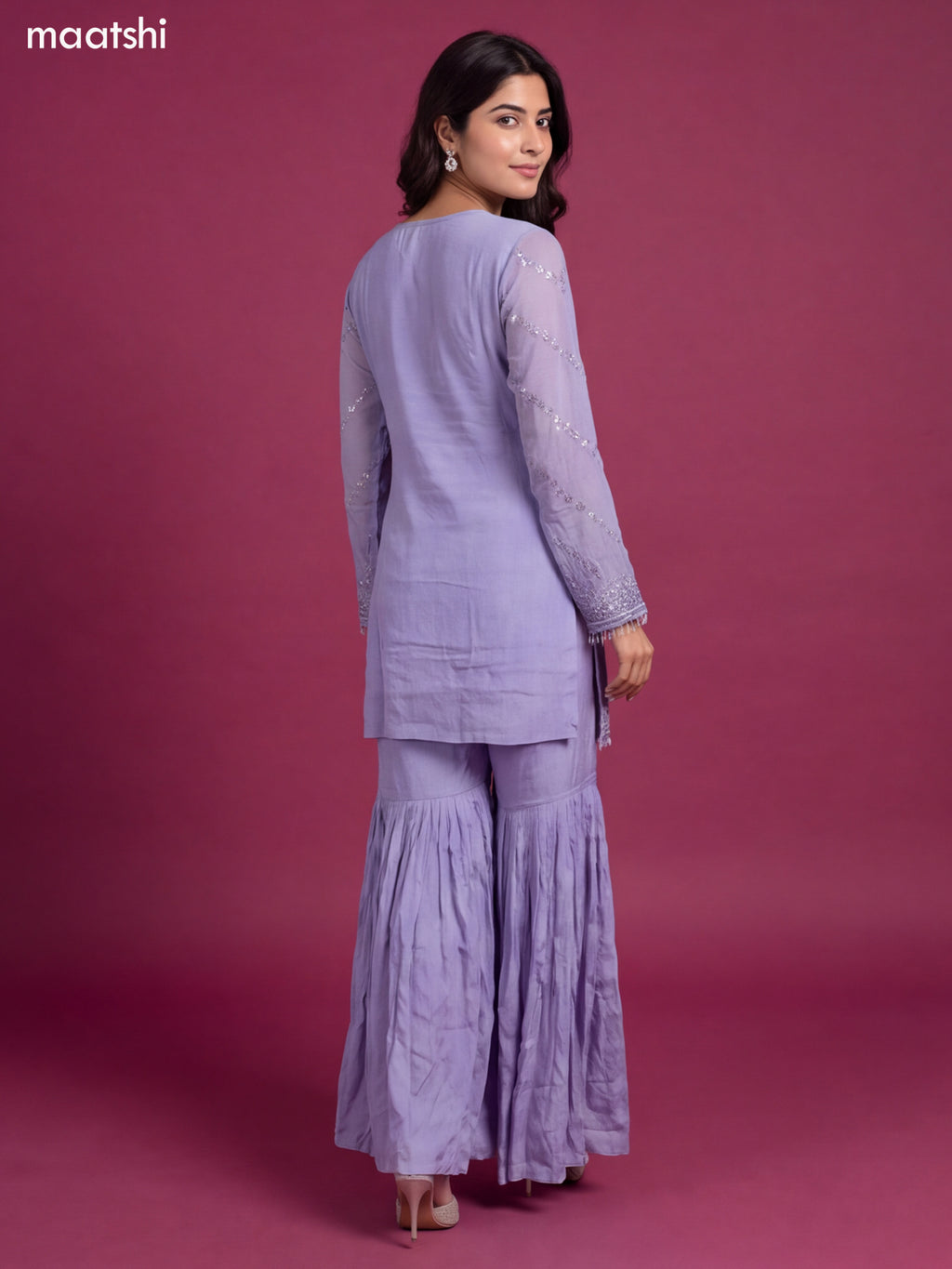 Lavender Tissue Mirror & Beaded Embroidery Work Short Straight Suit