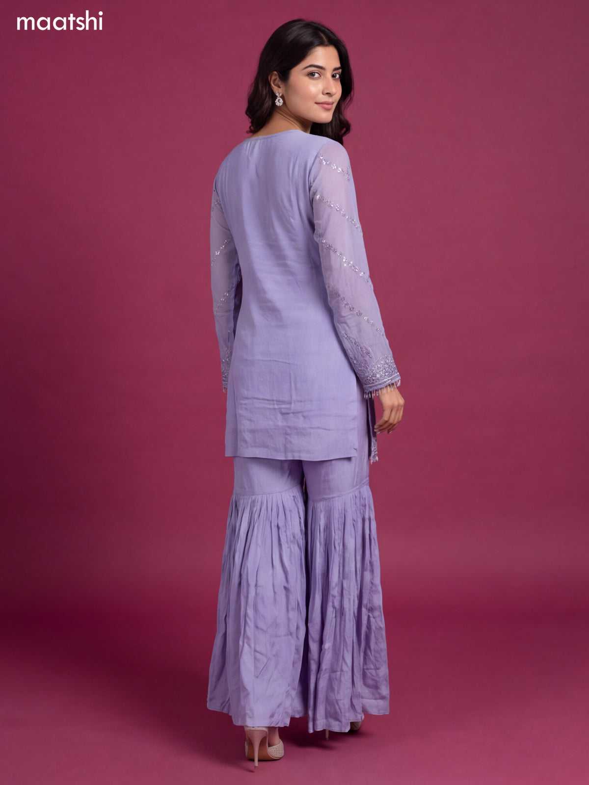 Lavender Tissue Mirror & Beaded Embroidery Work Short Straight Suit