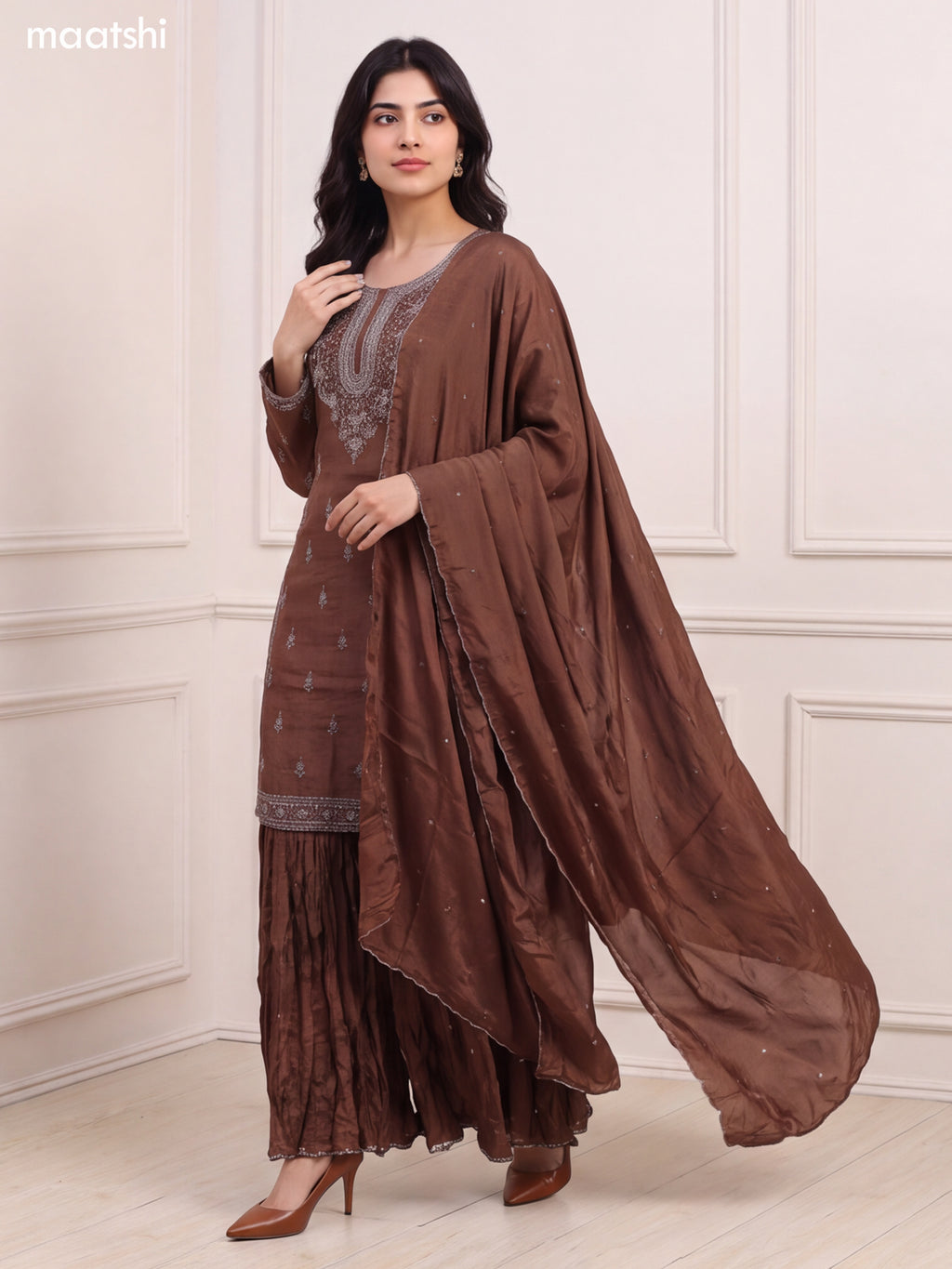 Brown Silk Sequin Floral Embroidery Work Straight Suit