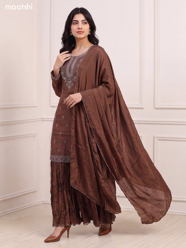 Brown Silk Sequin Floral Embroidery Work Straight Suit