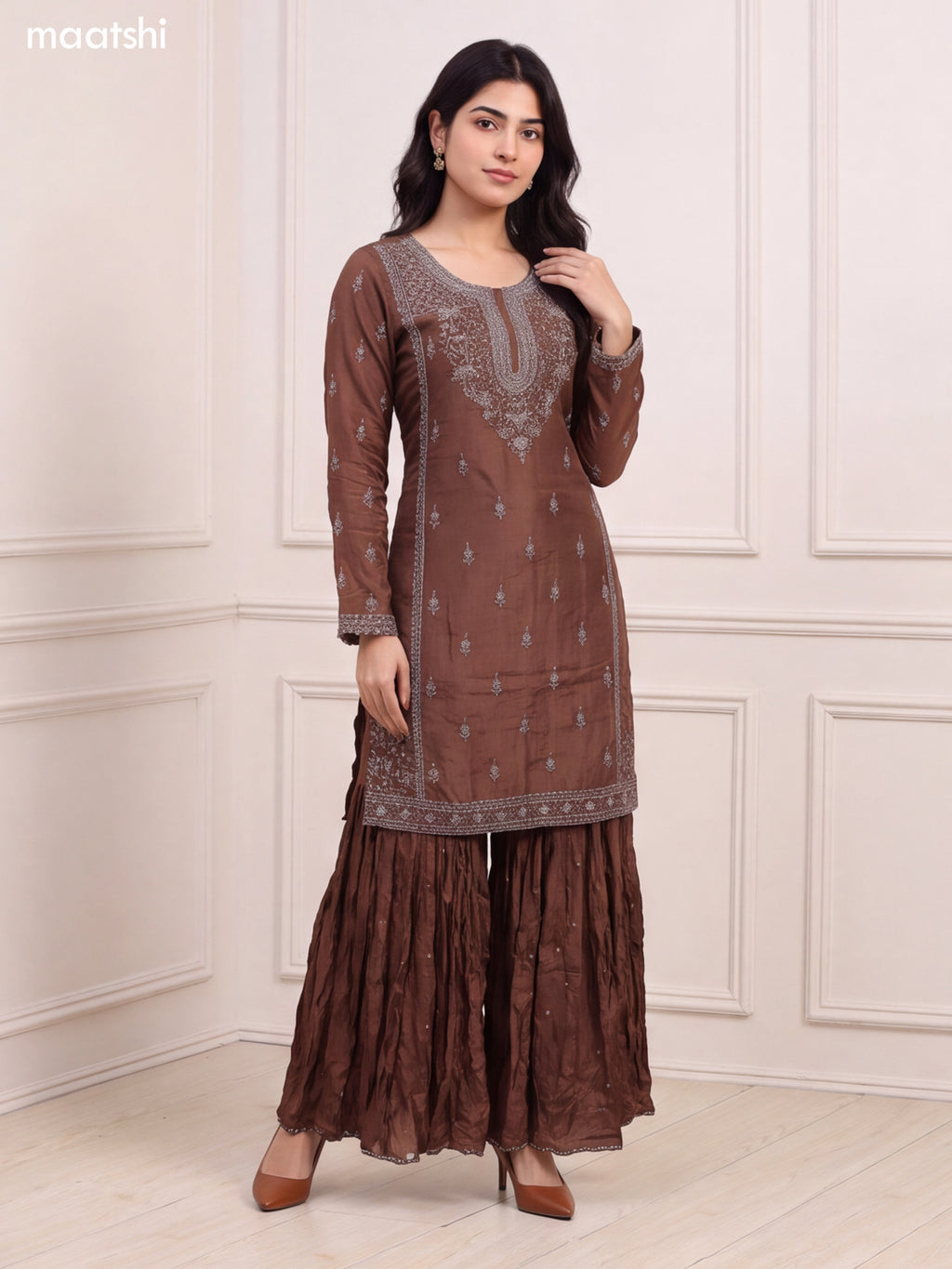 Brown Silk Sequin Floral Embroidery Work Straight Suit