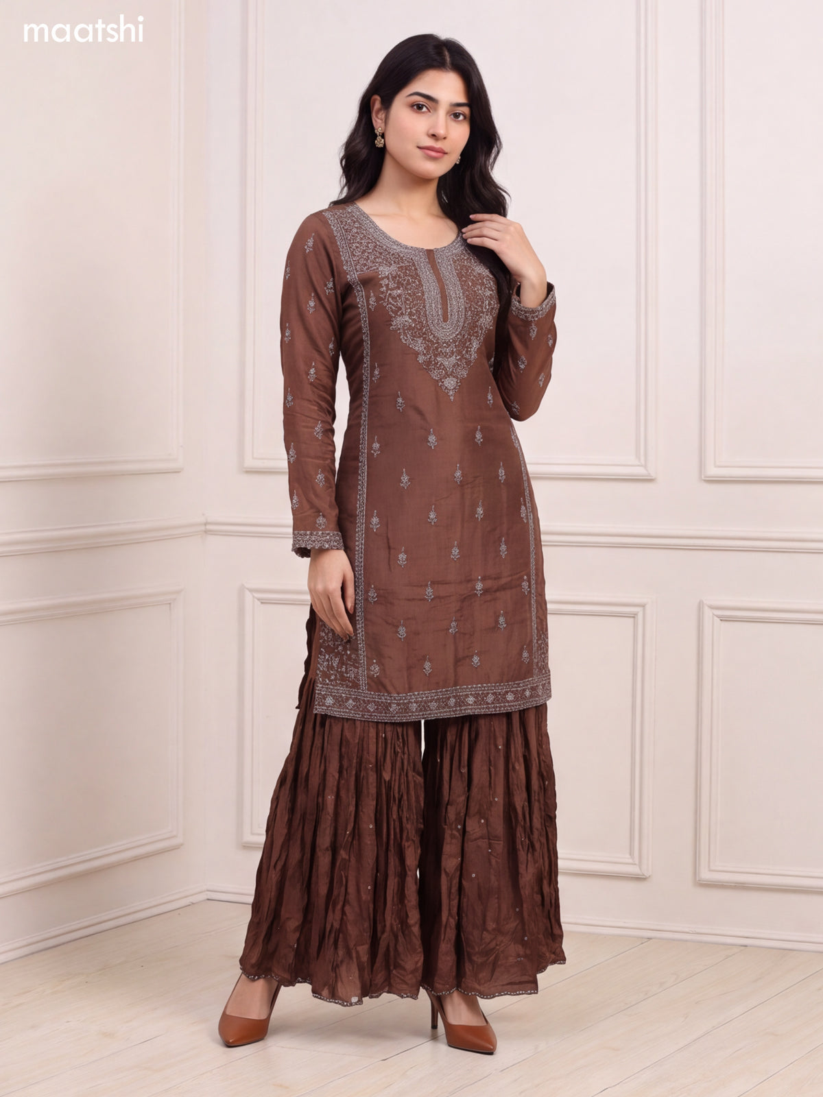 Brown Silk Sequin Floral Embroidery Work Straight Suit