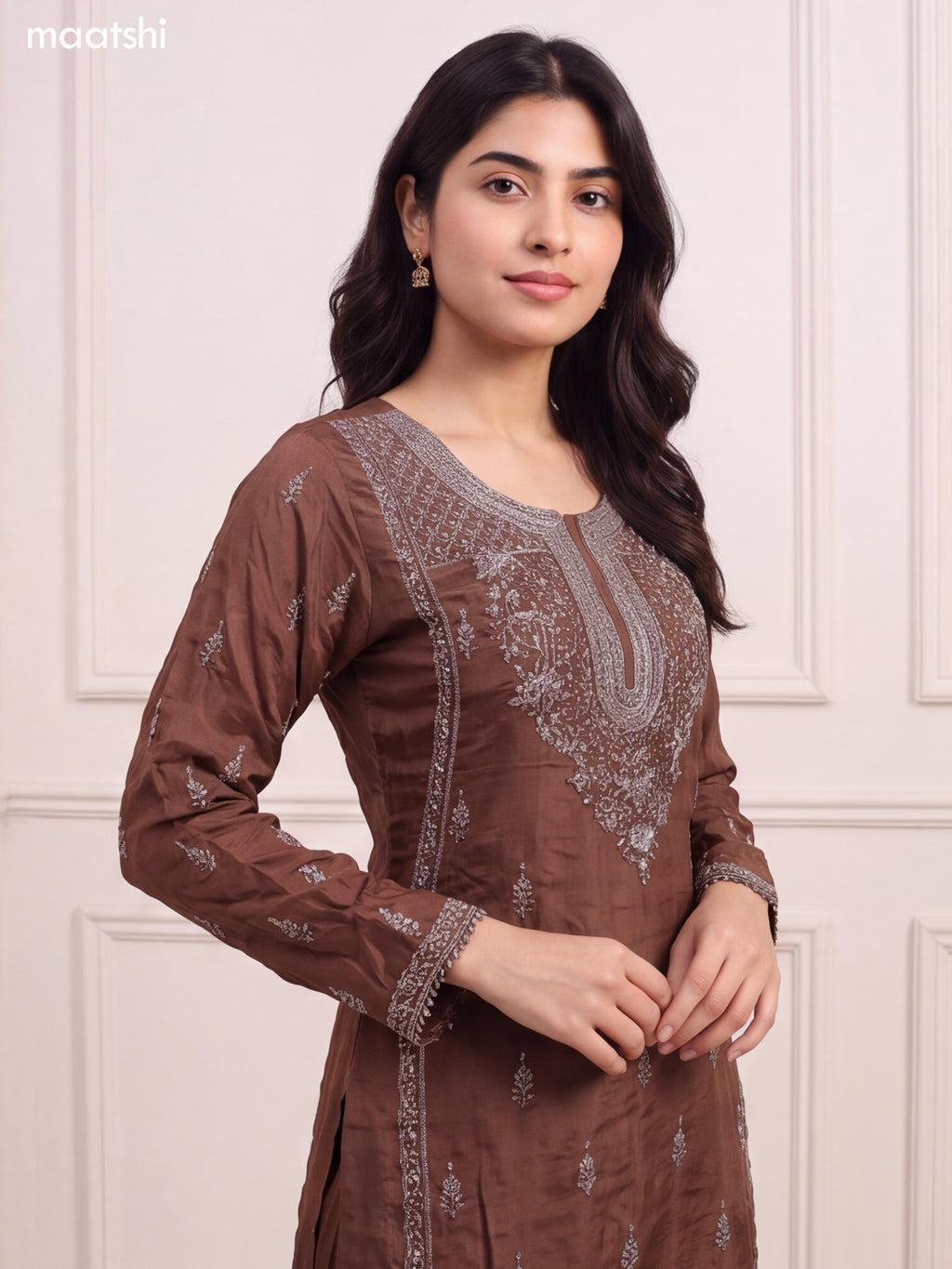 Brown Silk Sequin Floral Embroidery Work Straight Suit