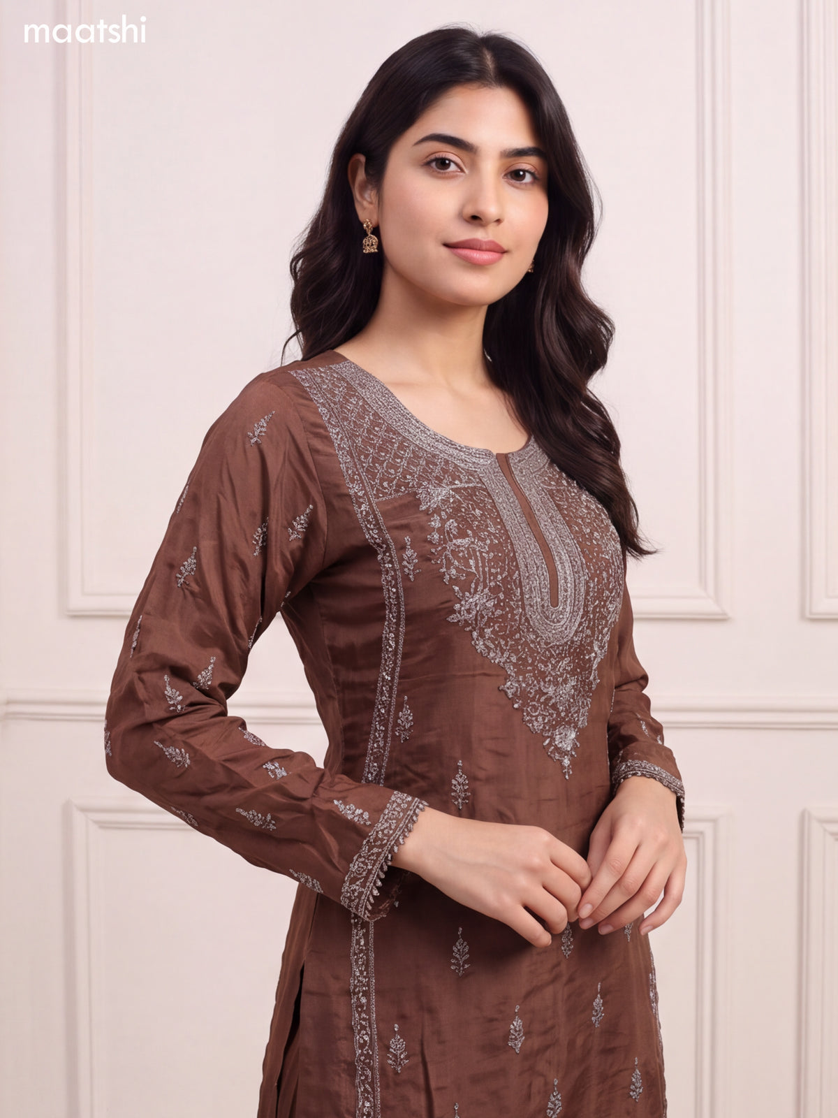 Brown Silk Sequin Floral Embroidery Work Straight Suit