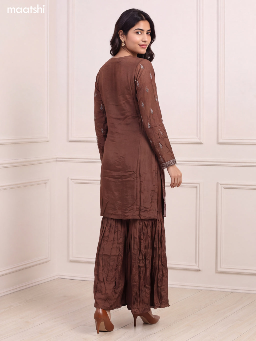 Brown Silk Sequin Floral Embroidery Work Straight Suit