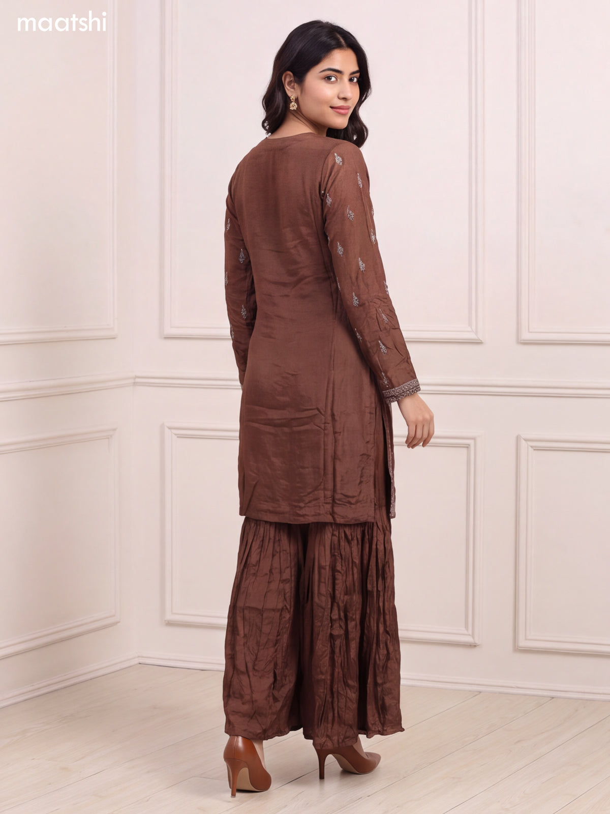 Brown Silk Sequin Floral Embroidery Work Straight Suit