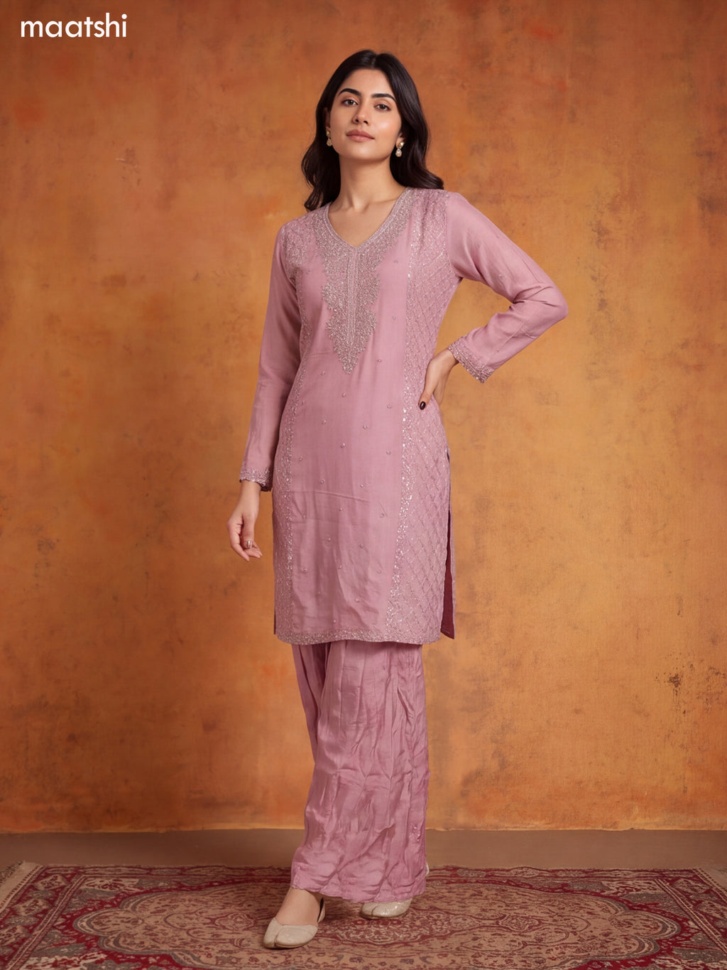 Pink Silk Heavy Sequin Embroidery Work Straight Suit