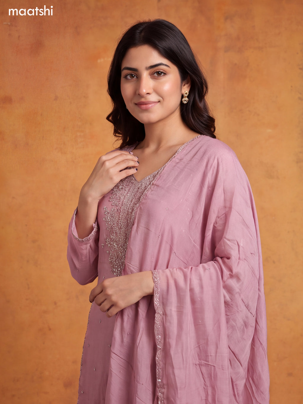 Pink Silk Heavy Sequin Embroidery Work Straight Suit