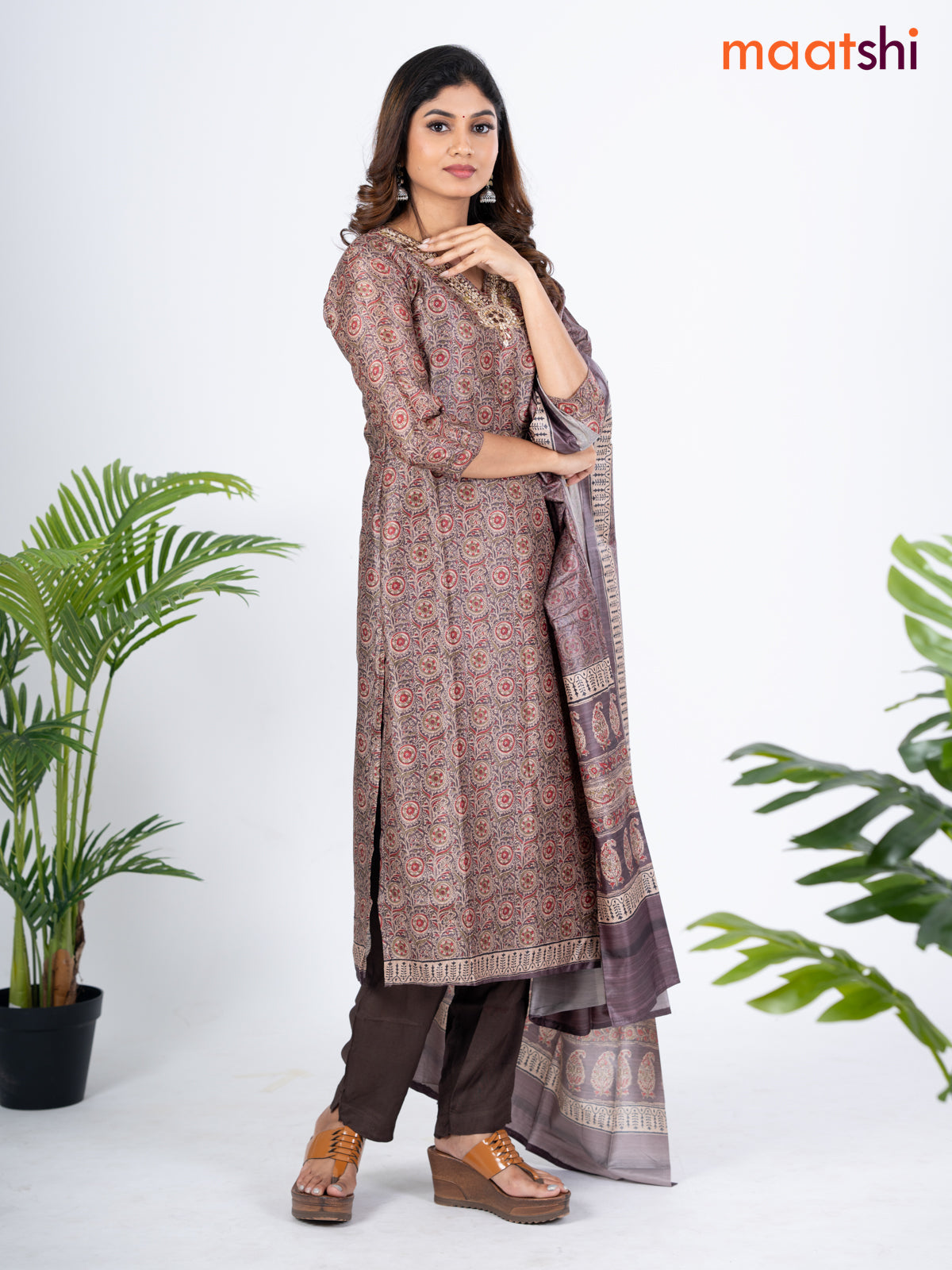 Modal salwar suit deep coffee brown and beige with allover kalamkari prints & zardosi work v neck pattern and straight cut pant & dupatta