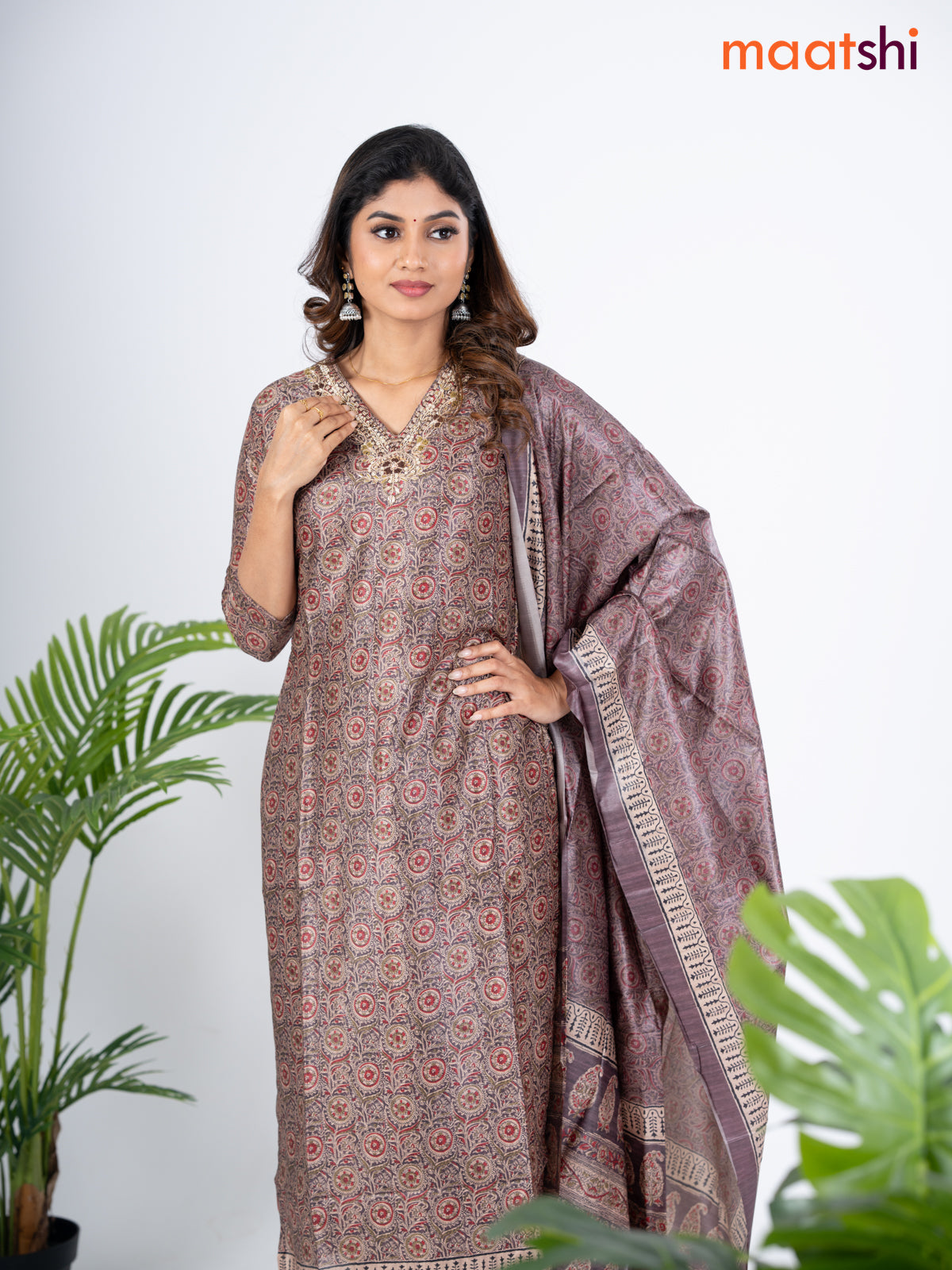 Modal salwar suit deep coffee brown and beige with allover kalamkari prints & zardosi work v neck pattern and straight cut pant & dupatta