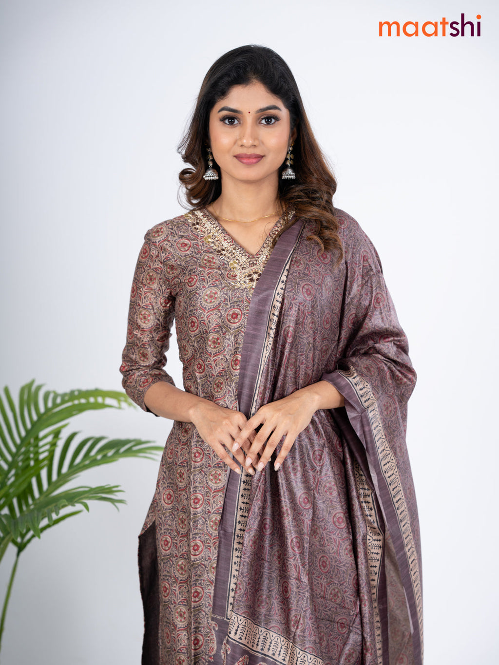 Modal salwar suit deep coffee brown and beige with allover kalamkari prints & zardosi work v neck pattern and straight cut pant & dupatta