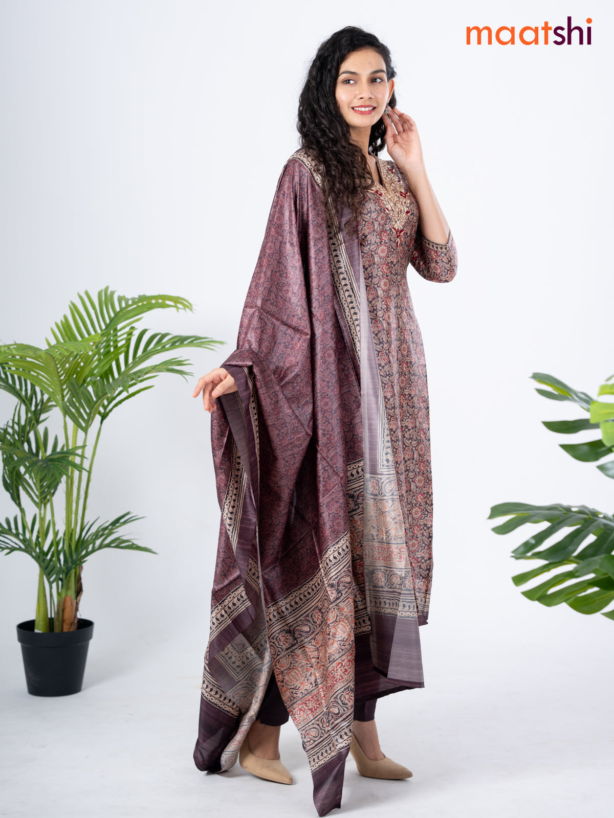Modal salwar suit deep coffee brown with allover kalamkari prints & zardosi work v neck pattern and straight cut pant & dupatta