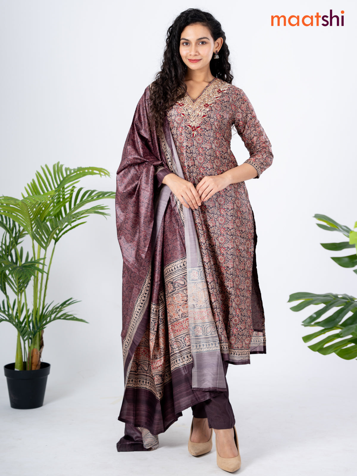 Modal salwar suit deep coffee brown with allover kalamkari prints & zardosi work v neck pattern and straight cut pant & dupatta