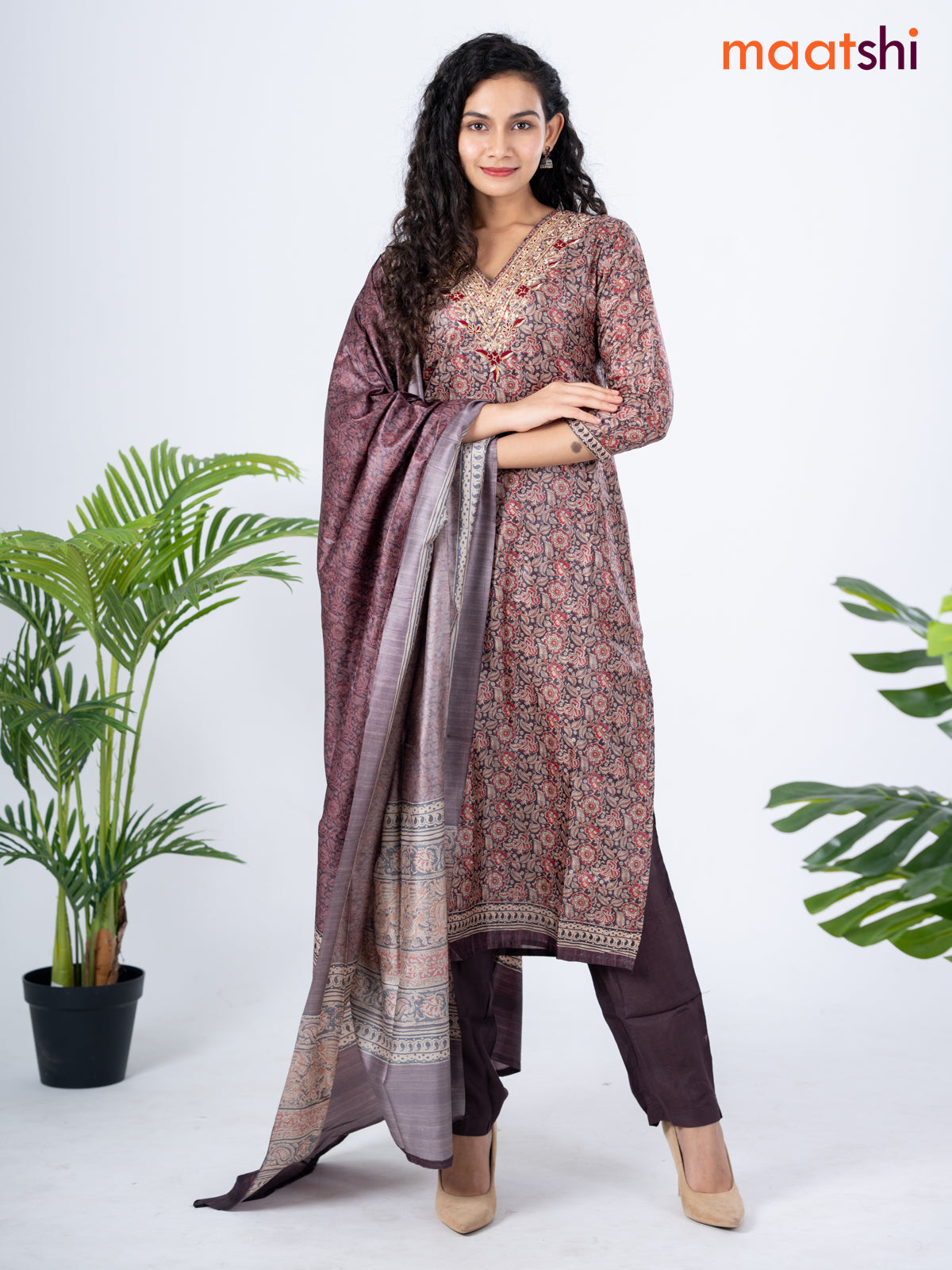 Modal salwar suit deep coffee brown with allover kalamkari prints & zardosi work v neck pattern and straight cut pant & dupatta