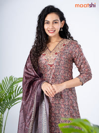 Modal salwar suit deep coffee brown with allover kalamkari prints & zardosi work v neck pattern and straight cut pant & dupatta
