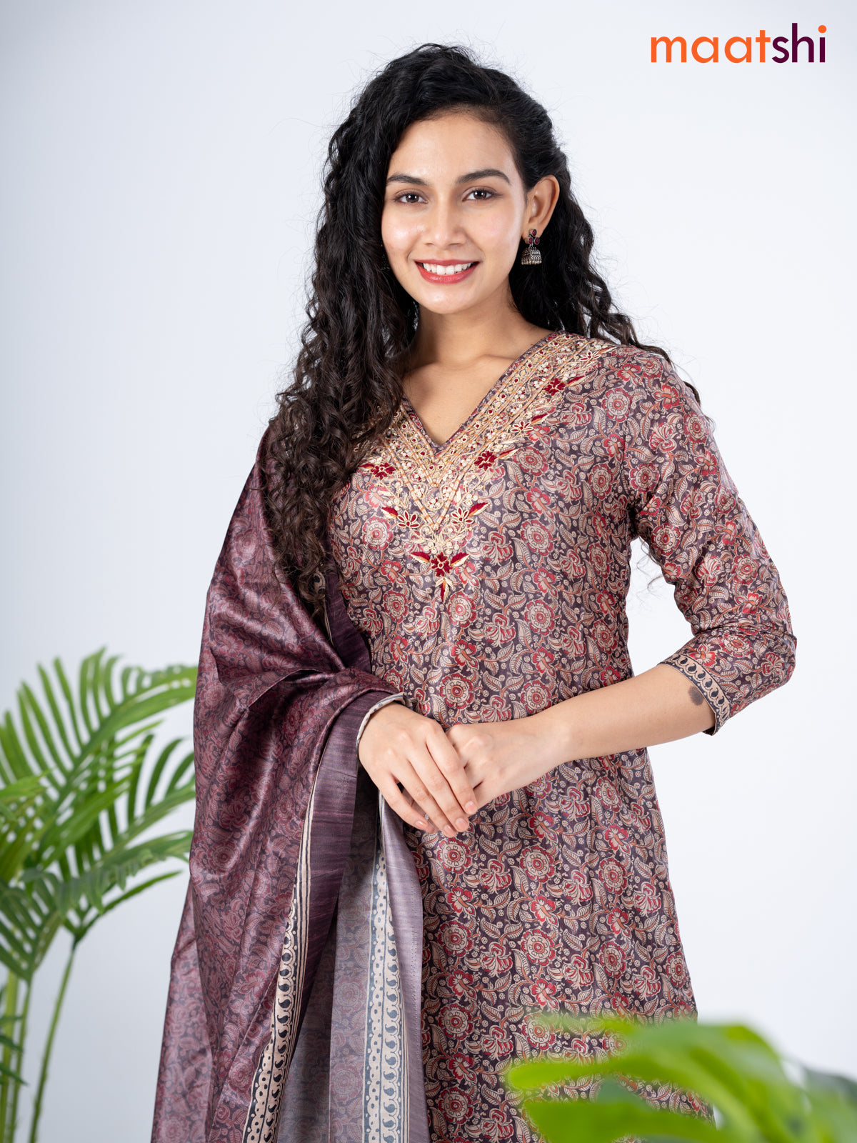 Modal salwar suit deep coffee brown with allover kalamkari prints & zardosi work v neck pattern and straight cut pant & dupatta