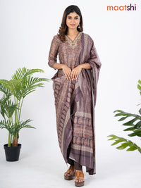 Modal salwar suit deep coffee brown with allover kalamkari prints & zardosi work v neck pattern and straight cut pant & dupatta